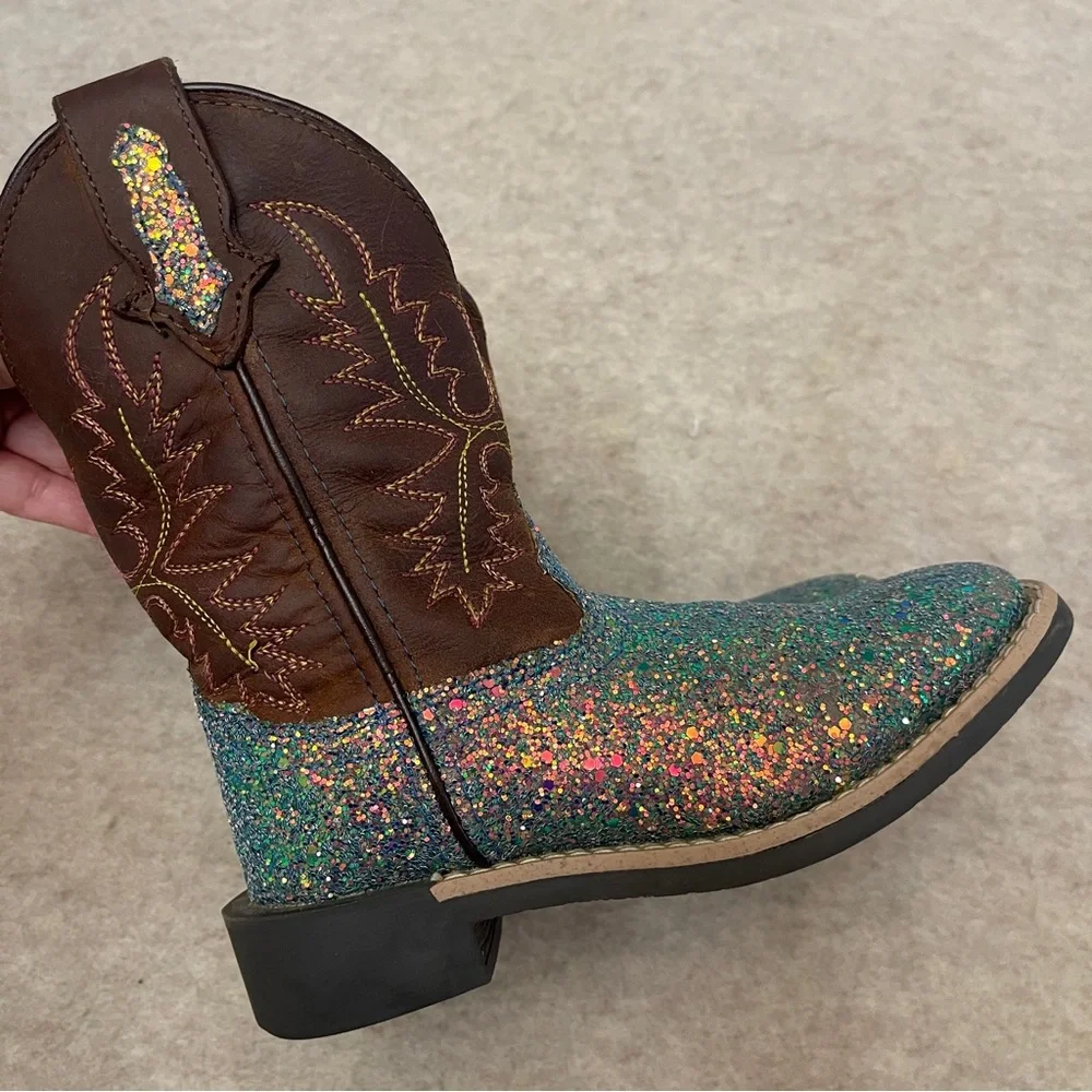 Shyanne Glitter Blue Teal Brown Square Toe Western Cowgirl Boots Girls Size 12